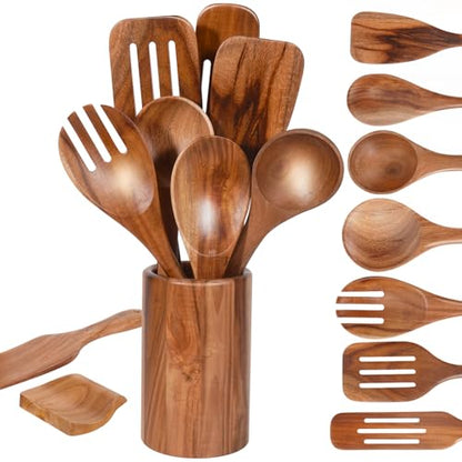 MYRAINBOW Wooden Spoons for Cooking, 10-Piece Teak Wooden Cooking Utensil Set with Holder, Nonstick, Heat Resistant Kitchen Utensils, Durable Wooden Cooking Spoons, Kitchen Cooking Gifts for Women Men - color: 10 Piece Natural Wood Color