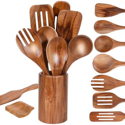 MYRAINBOW Wooden Spoons for Cooking, 10-Piece Teak Wooden Cooking Utensil Set with Holder, Nonstick, Heat Resistant Kitchen Utensils, Durable Wooden Cooking Spoons, Kitchen Cooking Gifts for Women Men - color: 10 Piece Natural Wood Color