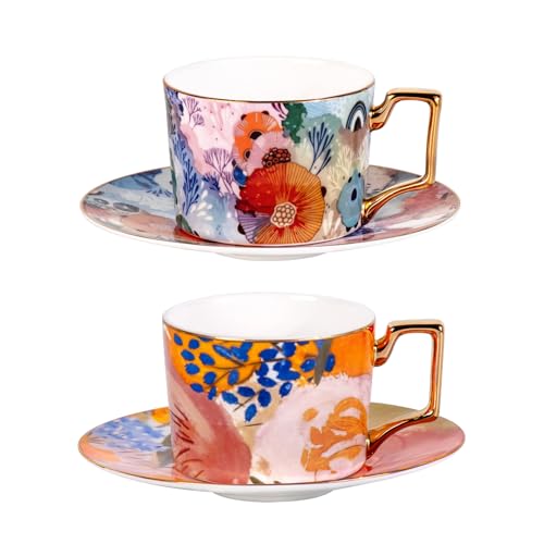 KAMMAK Tea Cups and Saucers Set of 2, Fine Bone China Coffee Cups, 569N | Stackable Espresso Mugs, Ceramic Demitasse for Coffee, Cappuccino, Latte, Americano, Tea - size: 7KPSP569N+570N
