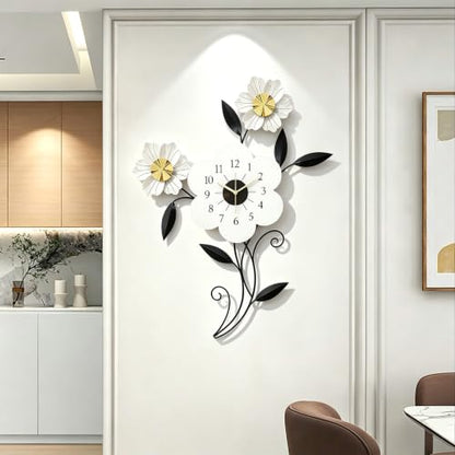 Large Flower Wall Clock, Modern Metal Wall Decor with Silent Quartz Movement, Artistic Floral Wall Art for Living Room Bedroom Office, Elegant Black White Gold Petal Design, 24" x 34.5"