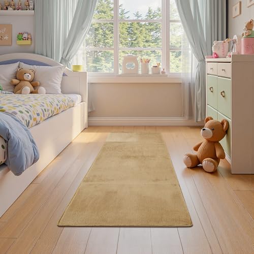 jinchan 2x5 Solid Plush Runner Rug Shaggy Washable Hallway Rug, Tan | Soft, Cozy, Non-Slip, Modern, Faux Wool, Performance Rug, Floor Carpet, Entryway, Bathroom, Kitchen, Laundry Room, Bedroom - color: Solid Tan, size: 2' x 5' (Rectangular)
