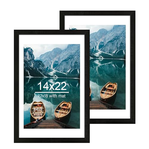 Hongkee 14x22 Picture Frame Set of 2, Rustic Black Wood Style - Display 14 x 22 Picture without Mat or 12x18 Picture with Mat, Wall Mounting Horizontal and Vertical - color: Rustic Black, size: 14x22 in
