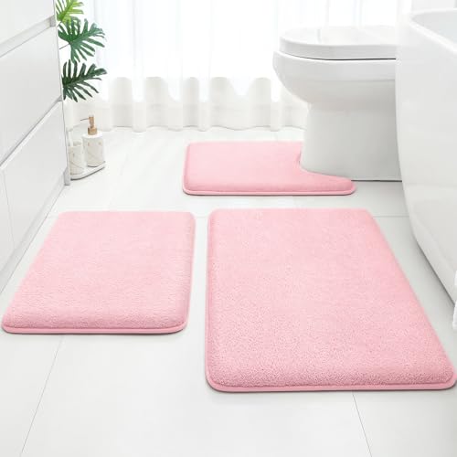 HOMEIDEAS Upgraded Bathroom Rugs Set 3 Piece, Ultra Soft Memory Foam Bath Mats, Super Absorbent Non Slip Washable U-Shaped Toilet Bath Rug (Light Pink, 17"x24"+20"x32"+U-Shaped 20"x24") - color: Light Pink
