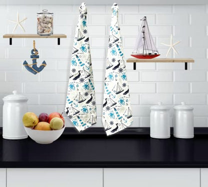 Coastal Kitchen Dish Hand Towel Set: Nautical Ocean Lighthouse Sea Life Design, Set of 3, 100% Cotton (Coastal) - color: Coastal