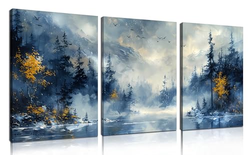 SIXTTART Forest Pictures Wall Art for Office - Modern Blue Canvas Art Wall Decor for Living Room - 3 Piece Wall Art for Bedroom Size 12" x 16" - color: Blue 3, size: 16"L x 12"W x 3PCS