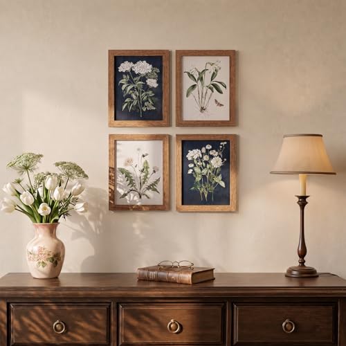 Framed Botanical Wall Art for Bathroom, 4 Pcs, 8x10 Inch | Vintage Floral Canvas Painting Prints, Farmhouse Decor, Rustic Flower Butterfly Pictures, For Bedroom Kitchen Hallway Home