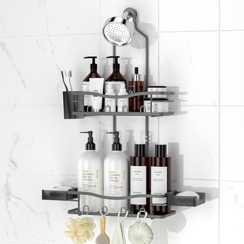 Rustproof Shower Caddy Hanging with Soap Holders for Bathroom, Grey | Shower Organizer with Multi Hooks Toothbrush Holder, No Drilling, Anti-Swing, Storage for Shampoo Conditioner Body Wash - color: Grey