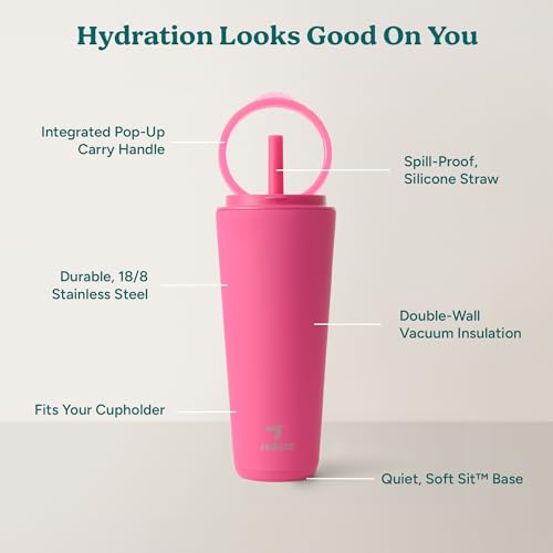 REDUCE Halo 32 oz Stainless Steel Vacuum Insulated Tumbler - Spill Proof Travel Mug with Flip Handle Lid - Keeps Drinks Cold for 32 Hrs - Dishwasher Safe - Cupholder Friendly - Dragon Fruit - color: Dragon Fruit, size: 32 Ounces