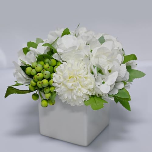 LADADA Flower in Ceramic vase, Artificial Hydrangea Flower Arrangement and vase Home Decoration Artificial Flower (White) - color: White Hydrangea