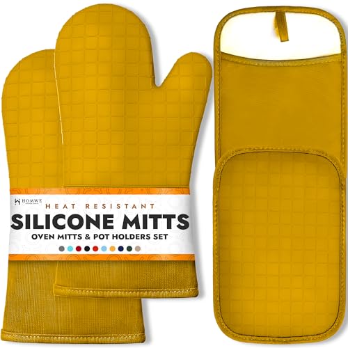 HOMWE Silicone Oven Mitts and Pot Holders for Kitchen & Baking - Set of 4 Heat-Resistant, Heavy-Duty Cooking Mittens w/Non-Slip, Textured Grip - color: Yellow, size: 4-Piece Oven Mitts & Pot Holders Set