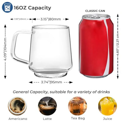 Aquach 16oz Stackable Glass Mugs Set of 2, Large Clear Coffee Tea Cups | Dishwasher/Microwave Safe, Borosilicate Glass, Comfort Handle, Smooth Rim, Stackable, Large Capacity - size: 16 oz