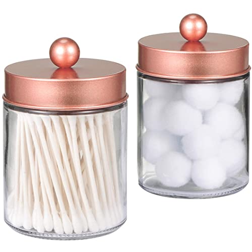 Amolliar Glass Qtip Holder w/Metal Lid, Glass, Rose Gold 2Pack | for Bathroom Vanity Storage, Countertop, Farmhouse Style, Holds Cotton Swabs, Dental Floss, Makeup Sponges - color: Rose Gold