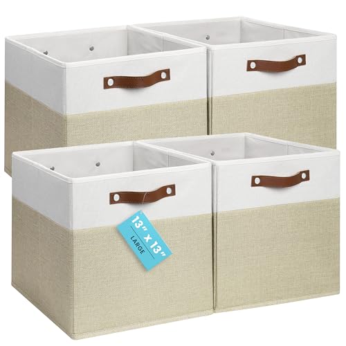 OrganiHaus 13x13 Cube Storage Bins, Set of 4 - Fabric Storage Cubes | Sturdy, holds its shape; odor-free; fits IKEA Kallax and Expedit; vegan leather handles - color: Beige Base / Off-White, size: (13x13) Leather Handles