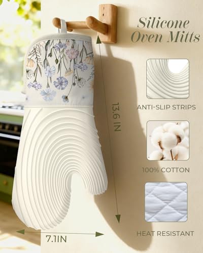 Slohif Long Silicone Oven Mitts Heat Resistant for Women - 2 Pcs Beige Wild Flowers 100% Cotton Oven Gloves, Non-Slip and Waterproof Silicone Oven Mitts with Hanger for Baking and Cooking - color: White Blue