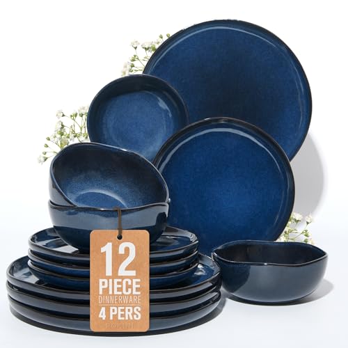 Ceramic Dinnerware Sets for 4, 12pcs Plates and Bowls Sets Dish Set | Stoneware Dishware sets, Microwave & Dishwasher Safe, Cereal Bowls and Dinner Plates Set, Stackable Dishes Set, Starry Blue - color: Starry Blue, size: Set (12pcs)