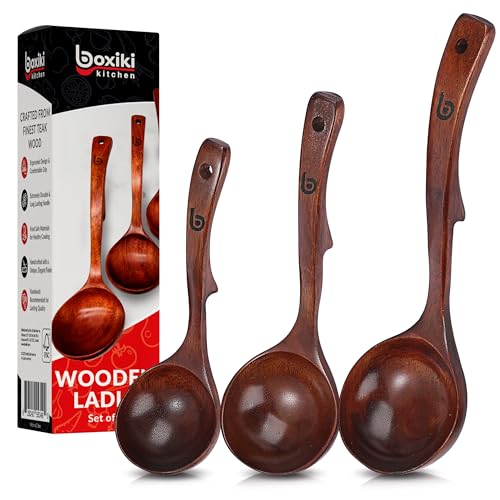 Soup Ladle - Luxury Teak Wood Ladle Set of 3 – Chef-Grade, Eco-Friendly Wooden Cooking Utensils with Reinforced Neck Joint & Anti-Slip Notch Handle – Multi-Size, Gift-Ready Ladle Spoons Set - color: Brown Teak Soup Ladle Set