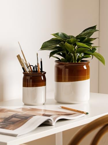 LE TAUCI Kitchen Utensil Holder for Countertop, Ceramic Utensil Crock Set of 2, Rustic Brown Holder for Spatulas, Spoons and Ladles, Large Farmhouse Kitchen Counter Decor, Brown and White, 7.2" & 5.4"