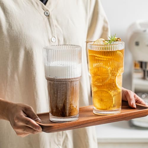 INSETLAN 20oz Ribbed Glass Tumbler Set of 8 – Large Capacity Drinking Glasses for Iced Coffee, Water, Juice, and Cocktails – Elegant Modern Glassware for Everyday Use and Special Occasions