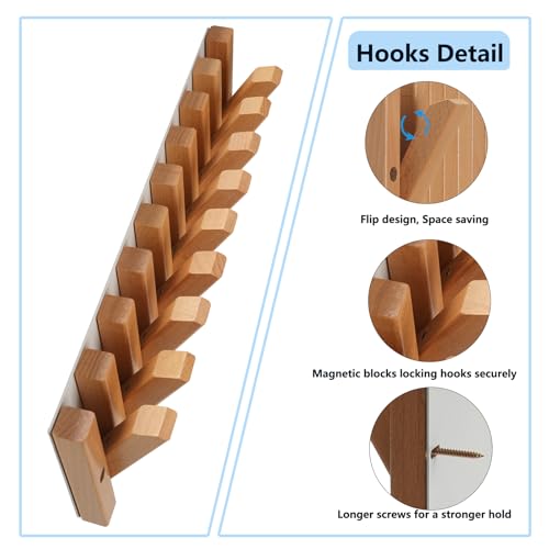 Piano Wall Mounted Coat Rack, Fold-Away Wooden Wall Hooks, 9 Hooks | Solid wood piano-inspired rack with fold-away hooks creates storage art, keeping jackets, bags and towels organized.