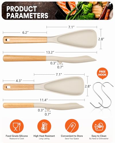 Multifunction Spoon for Nonstick Cookwares, Great for Cooking and Serving, Sturdy BPA-Free Matte Silicone, Wood Handle spoonula for Mixing, Scoop, and Scrape, Khaki(2 pack,11.4" & 13.4") - color: Khaki