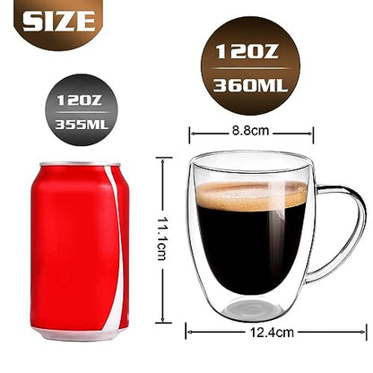 Clear Glass Double Wall Insulated Round Coffee Mugs Set of 6 Pieces - Medium Size 12oz Best Reusable Coffee Mug for Home Cafe Restaurant Perfect for Espresso Capucinno Lungo Latte Coffee - style: 12oz