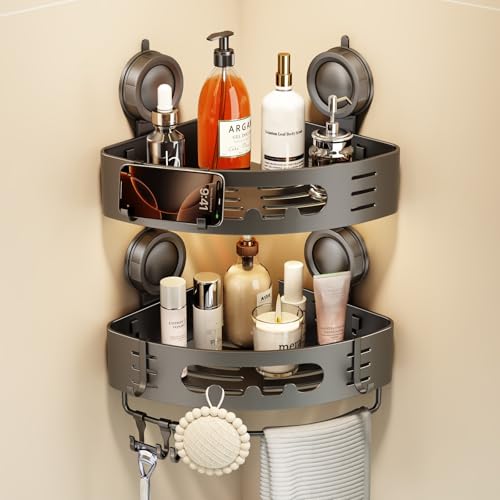 Voldra Corner Shower Caddy Suction Cup, Aluminum Corner Shower Shelves for Wall No Drilling, Large Suction Cup Shower Organizer with Towel Bar & Hooks Removable Bathroom Storage Rack(2 Pack-Gray) - color: Grey-Corners, size: 2 Pack