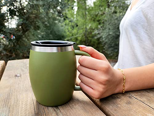 Stainless Steel Insulated Coffee Mugs Set of 2 (14oz) – Double Wall Coffee Cups With Spill Resistant Lid & Strong Handle, Shatterproof Cups for Cold Drinks, Hot Beverages, Indoor & Outdoor Use - color: Army Green