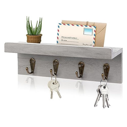HRONRAD Rustic Key Holder for Wall, Farmhouse Wall Shelf with 4 Hooks, Wall Mounted Key Racks, Wooden Mail Organizer with Hooks for Entryway (Grey) - color: Gray