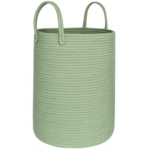 Large Green Laundry Basket, 16.5"x22.5" Tall Woven Cotton Rope Bin for Blankets Clothes, Baby Nursery Laundry Hamper, Kids Toy Storage Bin, Green Living Room Bedroom Storage Basket for Decor - color: Green, size: 16.5"D x 22.5"H