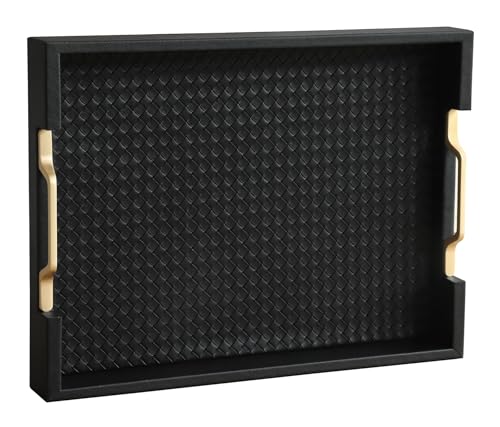 HofferRuffer Faux Leather Rectangle Serving Tray Decor Platter with Gold Metal Handles for Coffee Table, Breakfast, Tea, Food, Countertop, Kitchen, Butler Tray, 16.2 x 12.2 x 2 inches (Classic Black) - color: Classic Black