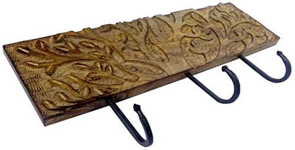 Purpledip Wooden Wall Hanger for Coat, Clothes or Keys 'Glimpse of the Garden' 3 Hooks Wall Decor (11879)