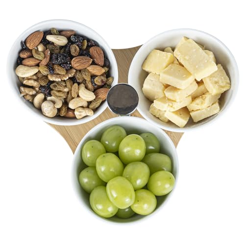Restaurantware-15 Ounce Bowl Set with Tray - 1 Dishwashable Serving Set, Includes 3 Porcelain Bowls And 1 Bamboo Tray, Durable, White Porcelain And Bamboo Bowl And Platter Kit, Reusable, Freezable - size: Triple set, style: Incline