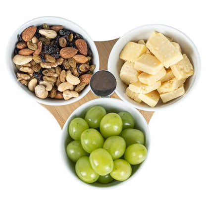 Restaurantware-15 Ounce Bowl Set with Tray - 1 Dishwashable Serving Set, Includes 3 Porcelain Bowls And 1 Bamboo Tray, Durable, White Porcelain And Bamboo Bowl And Platter Kit, Reusable, Freezable - size: Triple set, style: Incline