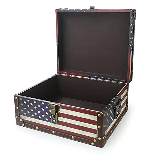 DreamsEden Large Wooden Decorative Storage Trunk - Vintage American Flag Memory Treasure Chest Box, 13.8" x 11.8" x 6.7" - color: Vintage American Flag