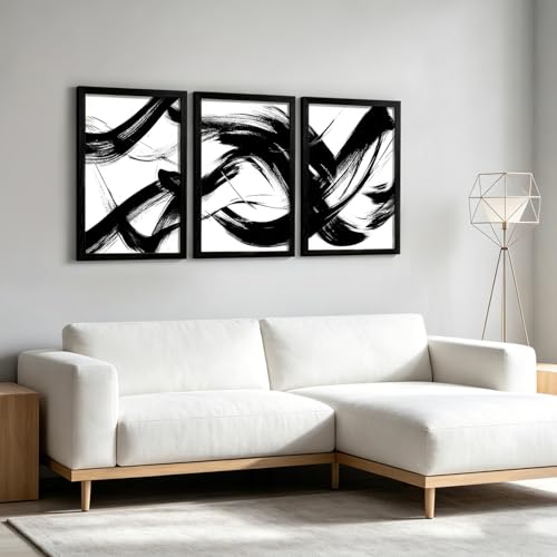 RUURUU 3Pcs Framed Black and White Abstract Canvas Wall Art Modern Minimalist Small Space Wall Decor for Living Room Bedroom Office Brush Stroke Gallery Pictures Posters Prints 12x16 Inches - size: 12x16Inches