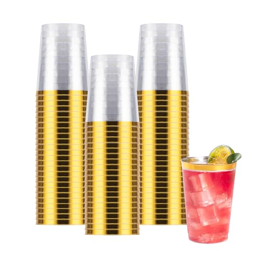 Goodluck 50PCS 10oz Gold Plastic Cups for Party, Disposable Gold Rim Cups | Plastic Cocktail Glasses for Wedding Thanksgiving, Christmas, and Parties(Gold Rim) - color: Gold-10oz, size: 50 Pack