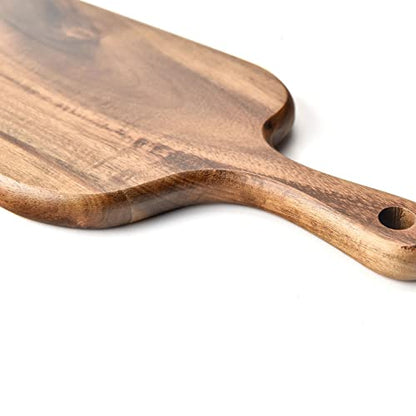 BILL.F Acacia Wood Cutting Board with Handle Small Size Long Wooden Charcuterie Board Paddle Cheese Board Serving Boards for Kitchen Meat, Pizza,Cheese, Bread, Vegetables &Fruits 16'' x 4.7'' x 0.6'' - style: Small