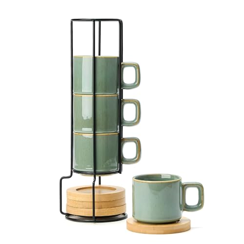 LUKA Porcelain Stackable Espresso Cups with Saucers and Metal Stand, 4 Ounce Small Ceramic Demitasse Cups Set for Latte, Specialty Coffee Drinks, Cafe Mocha,Tea - Set of 4, Wild Sage Earth - color: Wild Sage Earth