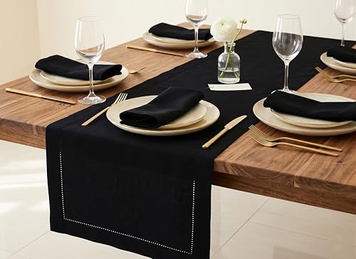 Black Table Runner - Hemstitch Detail - 100% Cotton Durable Washable Fabric - Ideal for Spring Easter Summer, Perfect as 6 ft Table Linen - Solid Hemstitch - 14 x 72 Inch - size: 14 x 72 Inch