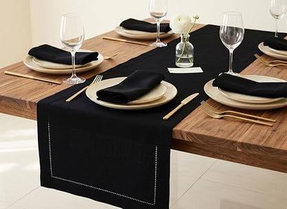 Black Table Runner - Hemstitch Detail - 100% Cotton Durable Washable Fabric - Ideal for Spring Easter Summer, Perfect as 6 ft Table Linen - Solid Hemstitch - 14 x 72 Inch - size: 14 x 72 Inch