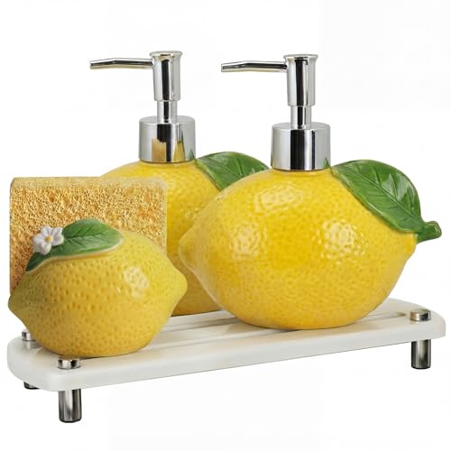 4 Pcs Lemon Kitchen Decor Ceramic Soap Dispenser Set Comes with Sponge Tray Instant Dry Tray Suitable for Kitchen Accessories Bathroom Decor Housewarming Gifts - style: Lemon