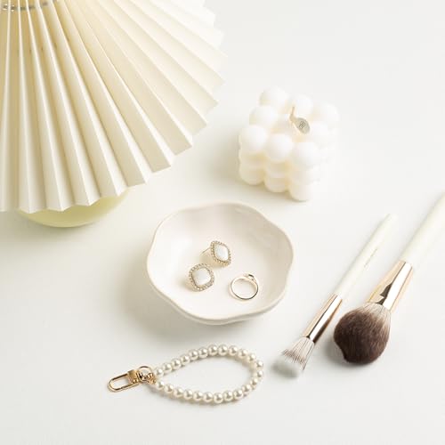 BEUNAIZER Ceramic Ring Dish, 4.3 in Flower Jewelry Tray with Raised Sides | Keeps rings, earrings, keys and hair accessories visible on a vanity, nightstand or bathroom counter. - color: white