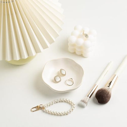 BEUNAIZER Ceramic Ring Dish, 4.3 in Flower Jewelry Tray with Raised Sides | Keeps rings, earrings, keys and hair accessories visible on a vanity, nightstand or bathroom counter. - color: white