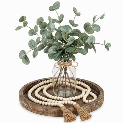 5 Pcs Rustic Farmhouse Decor Set Wooden Decorative Tray, Solid Wood Bead, Glass Vase, Faux Eucalyptus Stems and Jute Rope, Farmhouse Coffee Table Decor for Home Office, Bathroom, and Wedding