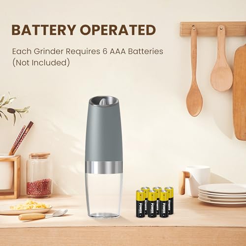 Battery Gravity Salt Pepper Grinder Set, 2 Pack (Light Grey) | Gravity Automatic Grinder With LED Light & Adjustable Roughness, Each Requires 6 AAA Batteries For Kitchen Daily Seasoning - color: Battery/Set/Light Grey