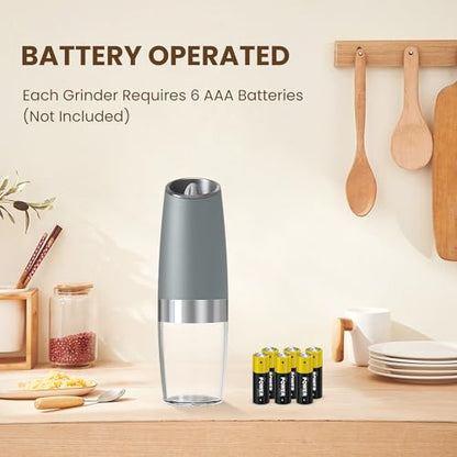 Battery Gravity Salt Pepper Grinder Set, 2 Pack (Light Grey) | Gravity Automatic Grinder With LED Light & Adjustable Roughness, Each Requires 6 AAA Batteries For Kitchen Daily Seasoning - color: Battery/Set/Light Grey