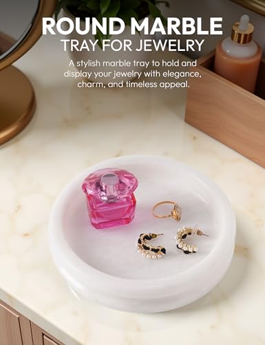 Marble Jewelry Dish, 5" Handmade White Ring Tray | Handmade trinket holder for earrings, necklaces, keys & candles, Catchall dish for vanity, nightstand & gift for women - color: White