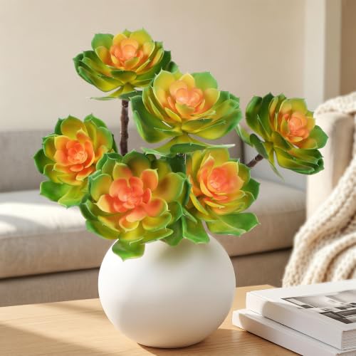 2 Pcs Large Artificial Succulent Plants, 14.2-Inch Green Orange Rounded Rosettes, 3 Heads Each, UV-Resistant Unpotted Fake Succulents for Outdoor Planters and Indoor Centerpiece Decor - color: Short Green&orange