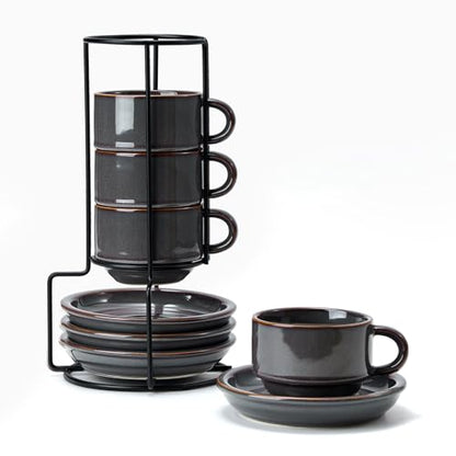 JIEMEI HOME Porcelain Stackable Cappuccino Cups with Saucers and Metal Stand, 7 Ounce Espresso Cups for Latte Coffee Cafe, Specialty Coffee Drinks, Cappuccino and Tea - Set of 4, Purple-Gray - color: Purple-Gray
