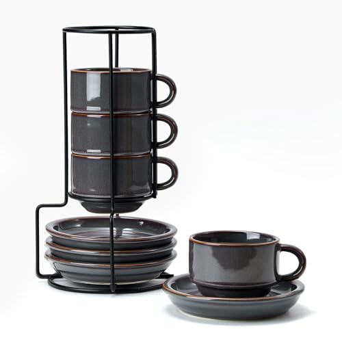 JIEMEI HOME Porcelain Stackable Cappuccino Cups with Saucers and Metal Stand, 7 Ounce Espresso Cups for Latte Coffee Cafe, Specialty Coffee Drinks, Cappuccino and Tea - Set of 4, Purple-Gray - color: Purple-Gray